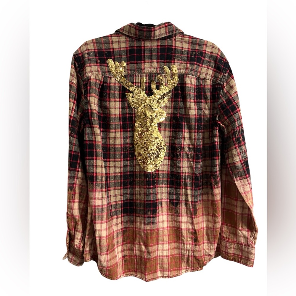 Women’s Gold Sequin Reindeer Dip Dyed Christmas Flannel